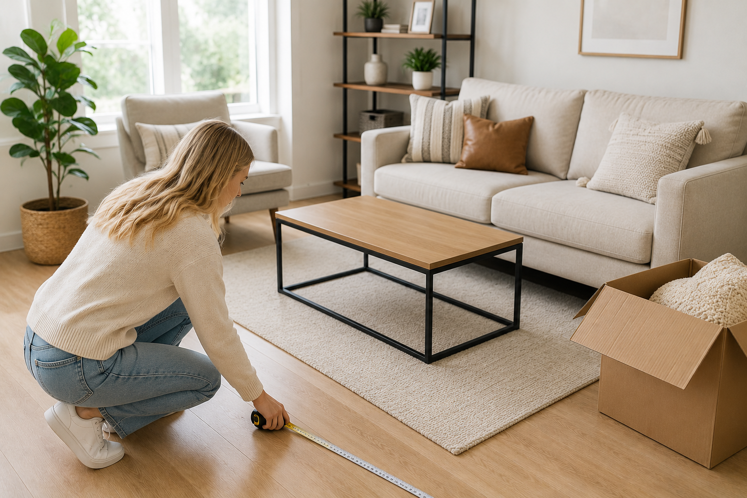 Person measuring a living room before buying furniture online to ensure furniture fits properly.
