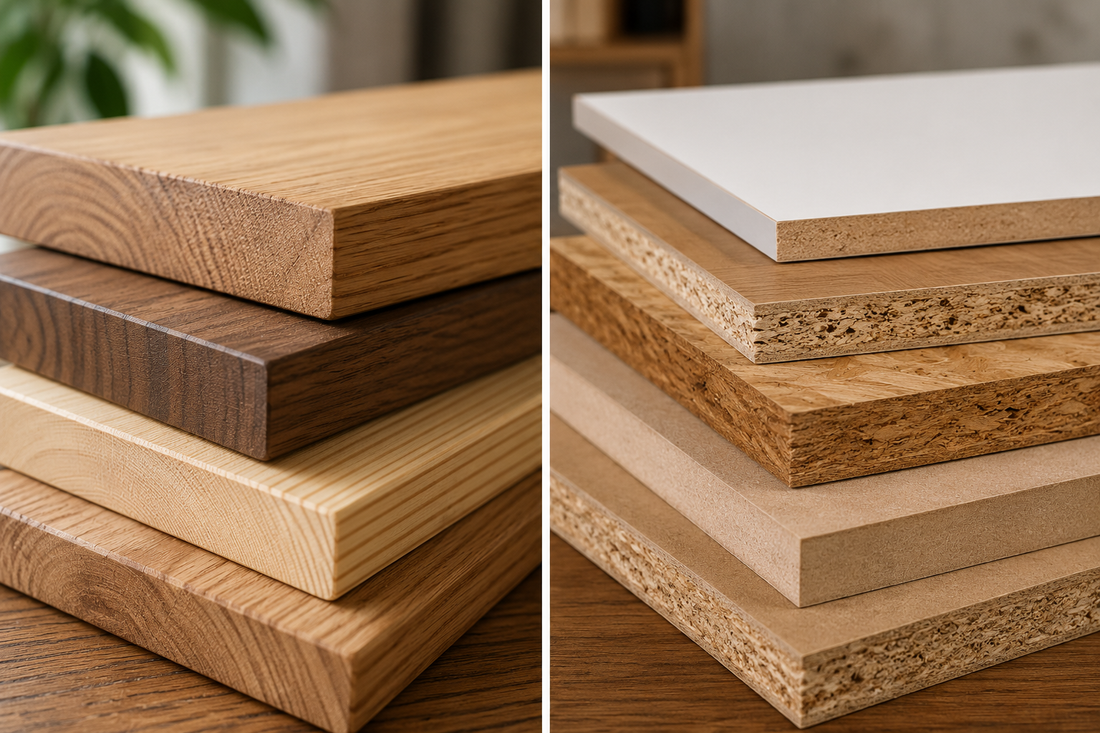 Solid wood and engineered wood furniture materials displayed side by side, showing natural wood grain and layered manufactured wood panels.