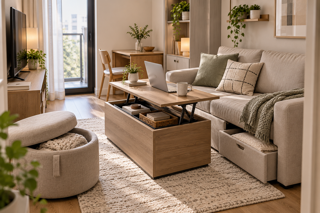 Cozy small apartment living room featuring multifunctional furniture, including a storage ottoman, lift-top coffee table, sofa storage, and space-saving furniture.