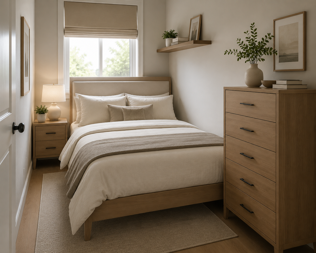 A cozy small bedroom with a comfortable bed, compact nightstand, wooden dresser, warm lighting, and space-saving bedroom furniture in a modern neutral interior.