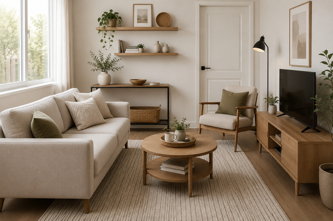 Small living room with a cream sofa, round coffee table, armchair, TV console, and space-saving furniture layout