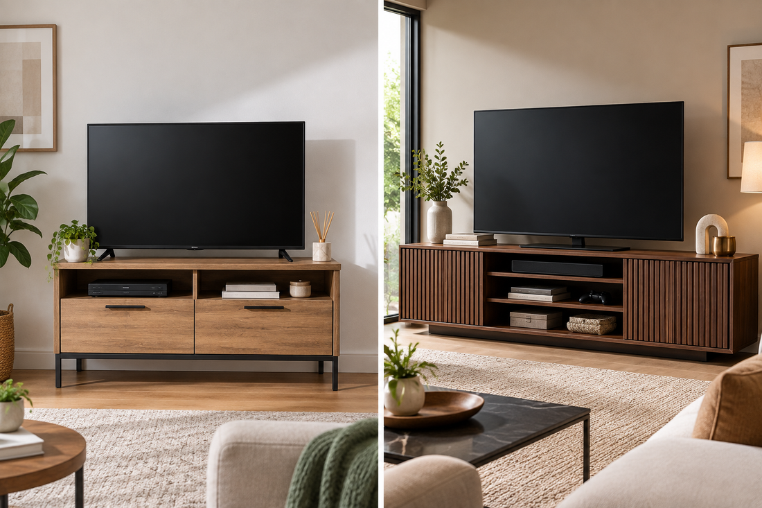 Modern living room comparing a compact TV stand and a larger media console with storage beneath flat-screen TVs.