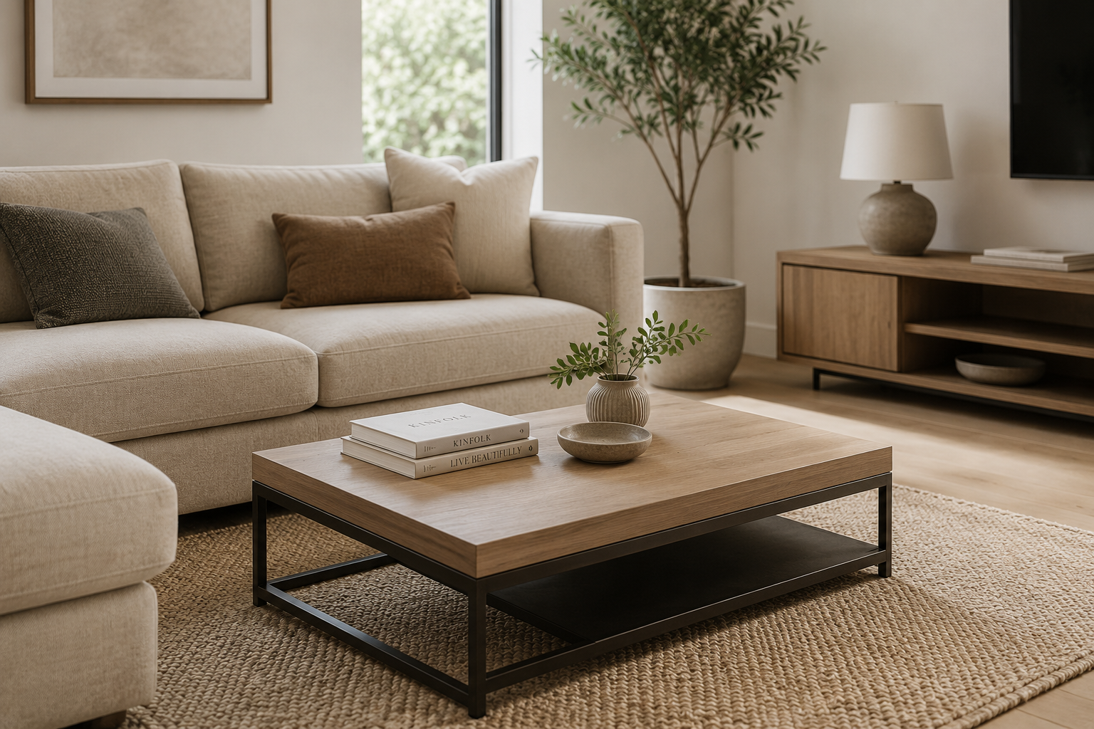 A modern wooden coffee table perfectly sized for a bright and stylish living room with a comfortable sofa and minimalist furniture.