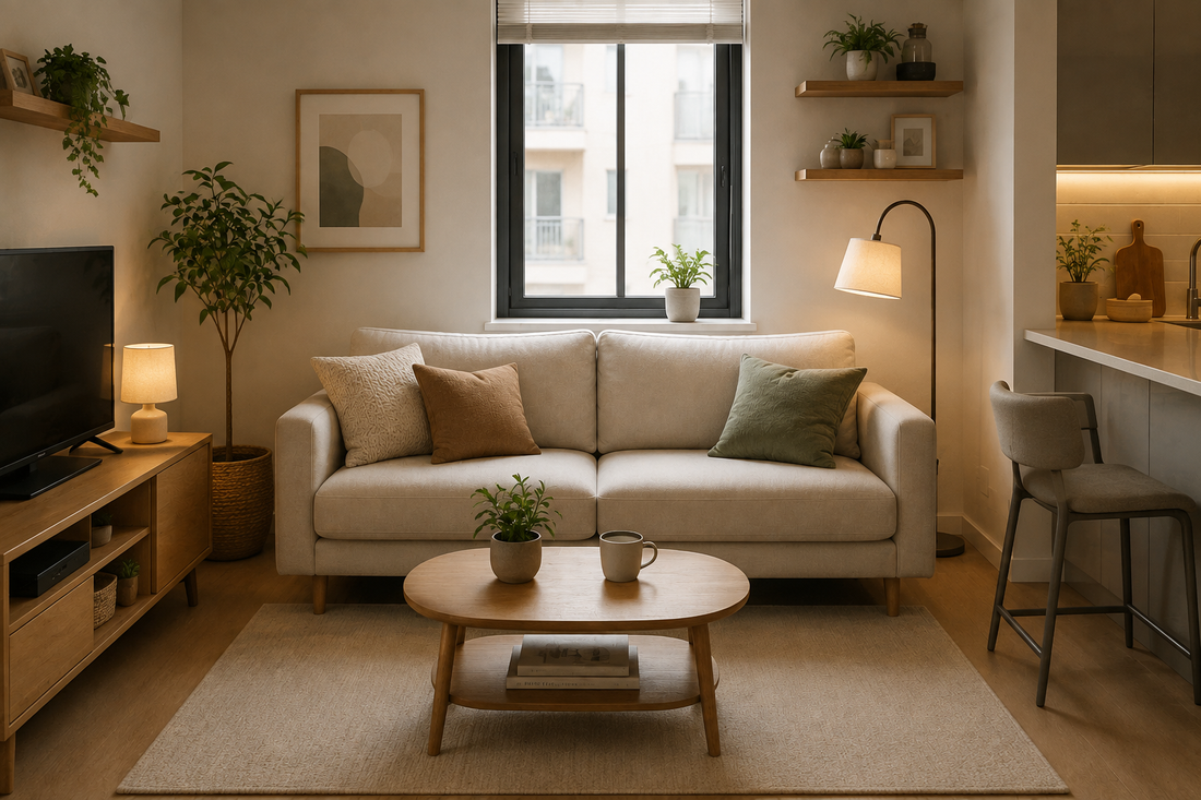 Cozy small apartment living room with a properly sized sofa and compact furniture layout
