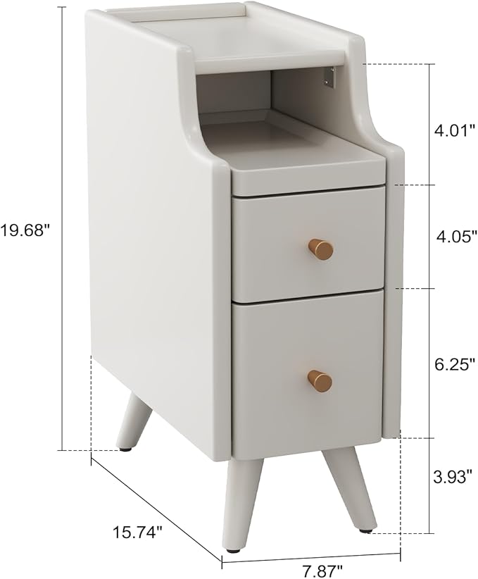 Small Nightstand with Drawers, Solid Wood Bedside Table, Narrow White Nightstand - Image 2