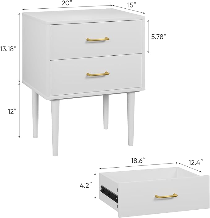 Set of 2 White Nightstand with 2 Drawers, Tall Night Stand with Gold Handles - Image 2