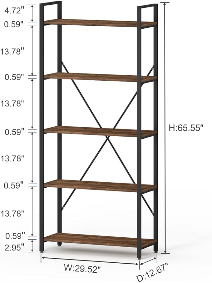 BON AUGURE Industrial Bookshelf, Etagere Bookcases and Book Shelves 5 Tier - Image 2