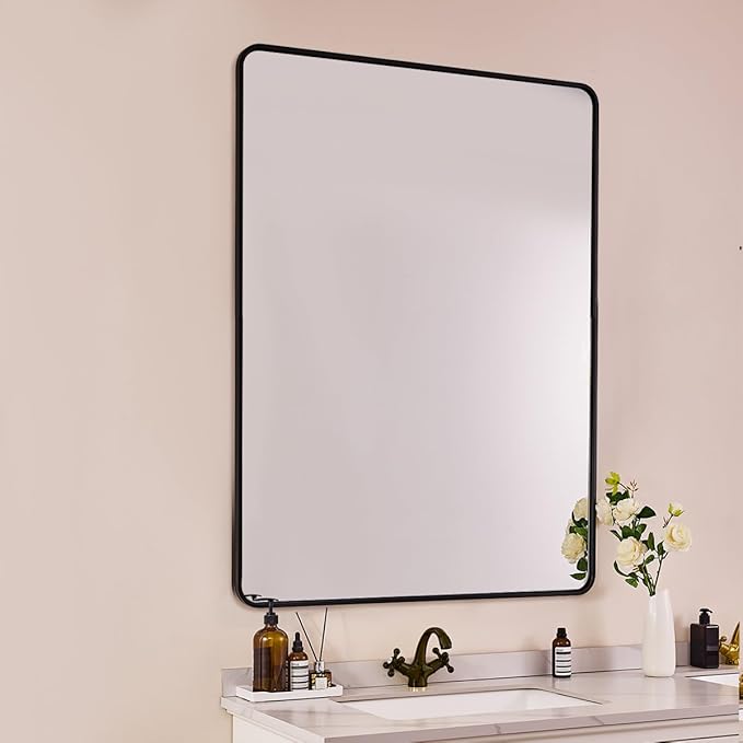 ANDY STAR 48X32 Inch Black Bathroom Mirror, Rounded Rectangle Mirror by ANDYSTAR