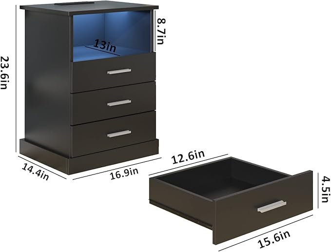 Black LED Nightstand with Charging Station, Side Table with 3 Drawers and Light - Image 3