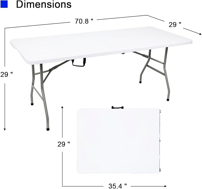 2 PCS 70.8" W X 29" D X 29" H - 6 ft White Folding Table White Portable Heavy - Image 3