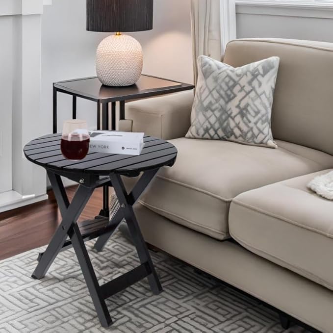 Outdoor Patio Side Table Round Small Wood End Table Folding Coffee Furniture - Image 2