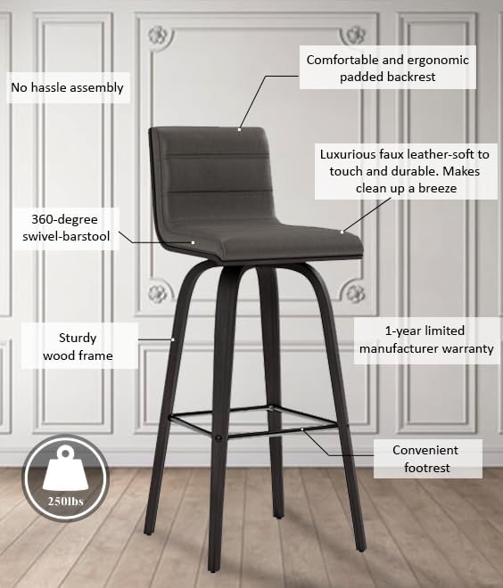 Armen Living Vienna 30" Swivel Bar Stool in Black Wood Finish - Image 13