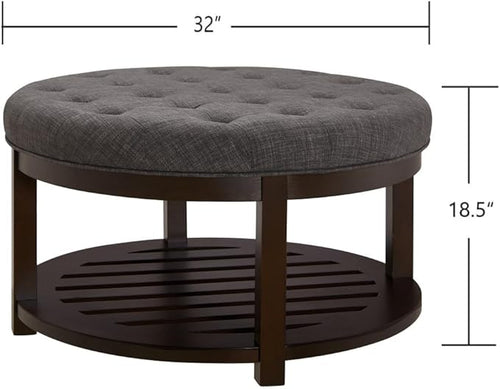 24KF Large Round Upholstered Tufted Linen Ottoman Coffee Table, Large Footrest - Image 2