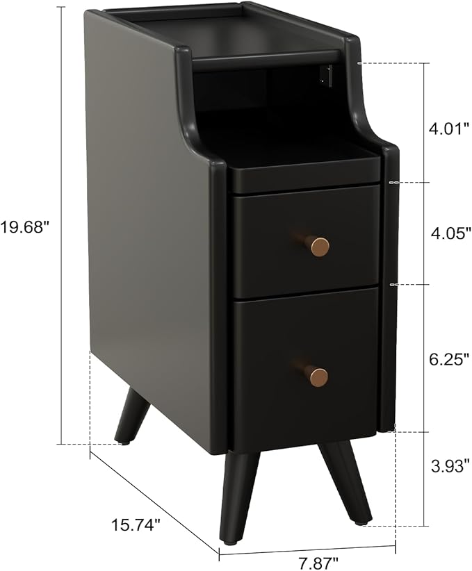 Narrow Nightstand with Drawers, Wood Bedside Table, Small Black Nightstand Set - Image 2