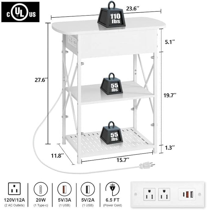 Narrow End Table with Charging Station, Side Tables Set of 2 - Image 3