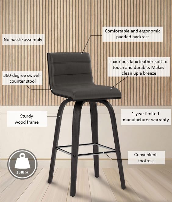 Armen Living Vienna Counter Height Barstool Brushed Wood Finish Faux Leather - Image 12