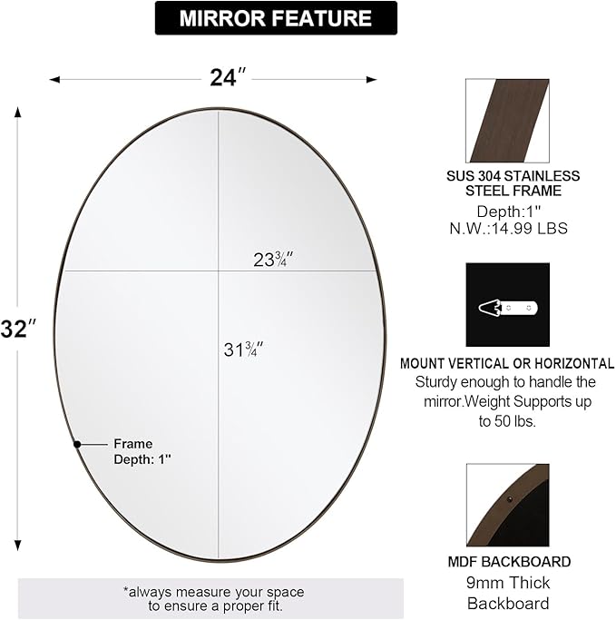 ANDY STAR Bronze Bathroom Mirror, 24x32 Inch Brushed Bronze Oval Mirror - Image 2