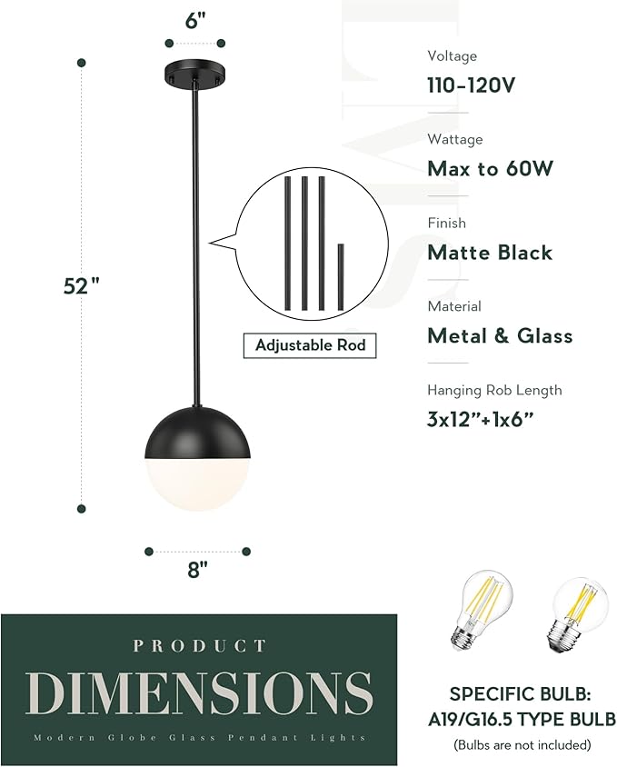 LMS 8-inch Black Pendant Lights Kitchen Island, Modern Globe Pendant Light - Image 4