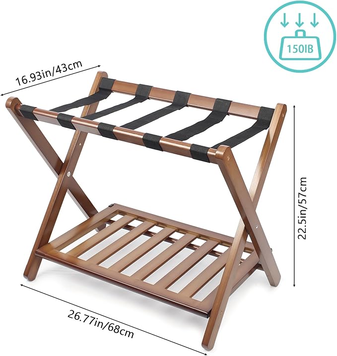 Fully Assembled Walnut Luggage Racks Set of 2, 5 Nylon Straps Folding Suitcase - Image 6