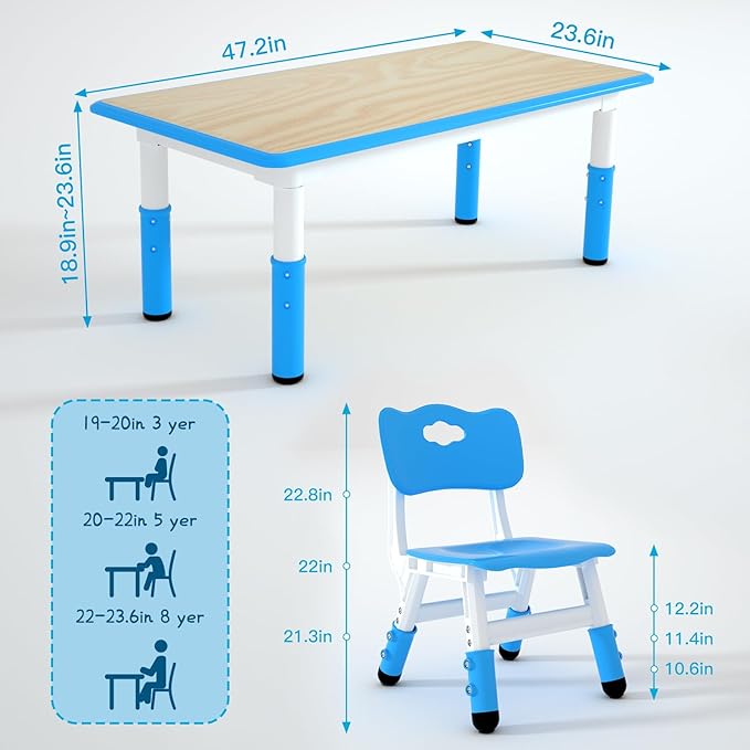 Kids Table and 6 Chairs Set，Height Adjustable Children Table & Chair，Toddlers - Image 2