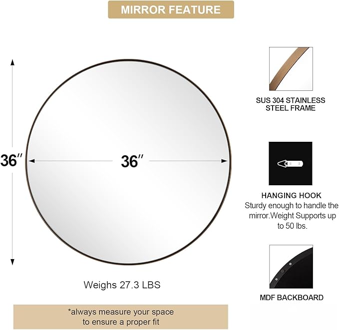 ANDY STAR Bronze Round Mirror 36 inch, Oil Rubbed Bronze Round Mirror in Metal - Image 2