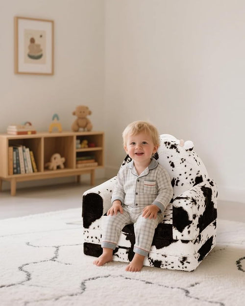 2-in-1 Toddler Chair and Couch – Soft Faux Rabbit Fur, Cow Pattern Design - Image 2