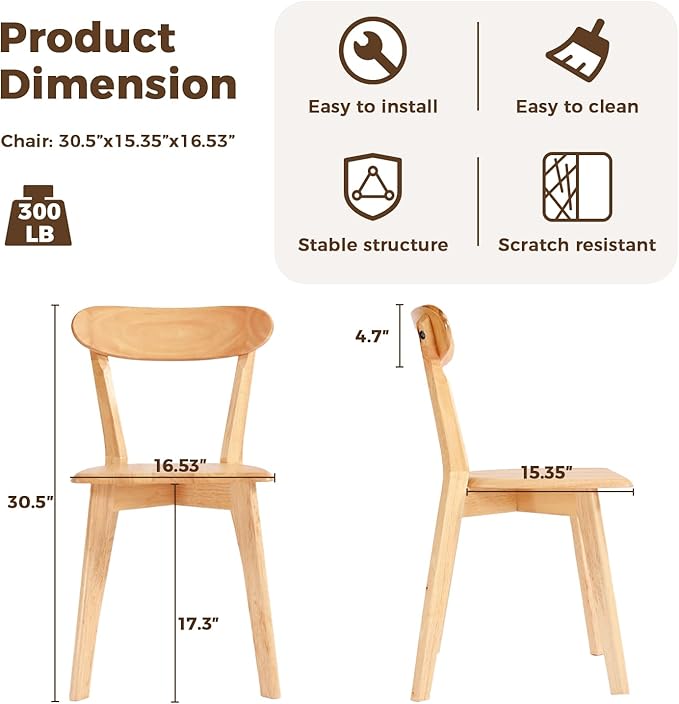 DELAVIN Soild Wood Dining Chairs Set of 2, Oak Wood Kitchen Chairs, Mid Century - Image 3