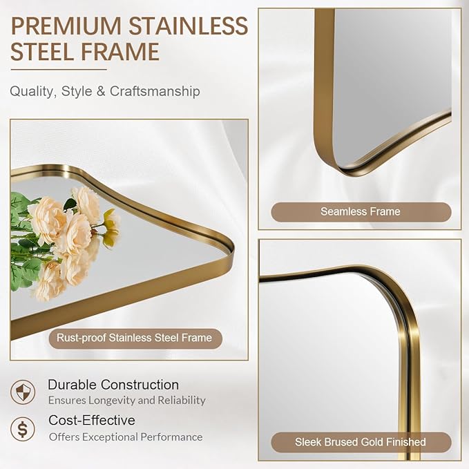 ANDY STAR 24x40 Inch Mirror, Brushed Gold Bathroom Mirror - Image 4