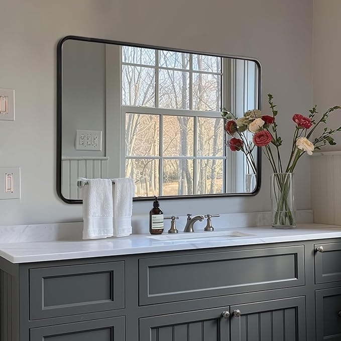 ANDY STAR 30’’x48’’ Black Bathroom Mirror, Rounded Rectangle Black Metal Framed - Image 8