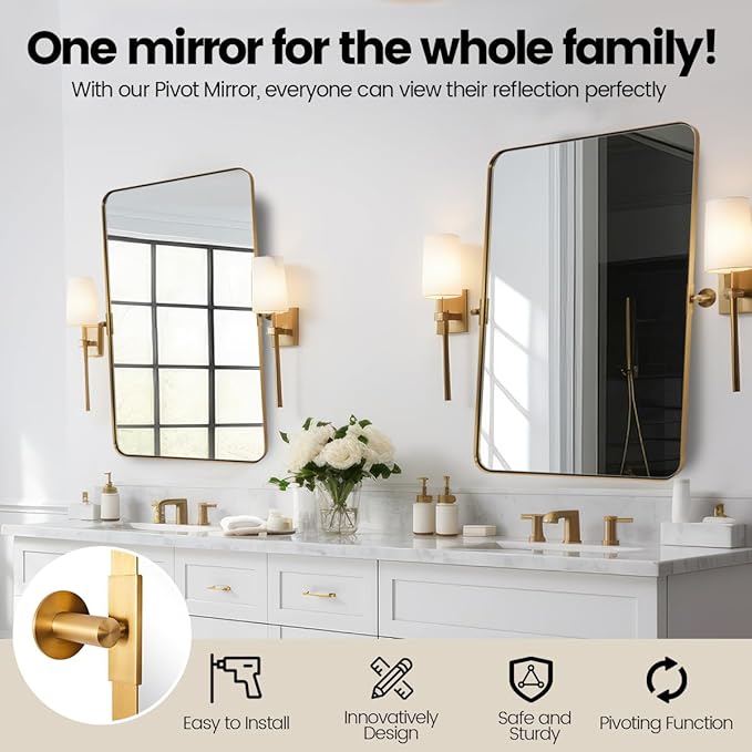MOON MIRROR 20" x 28" Brushed Gold Metal Framed Pivot Rectangle Bathroom Mirror - Image 2