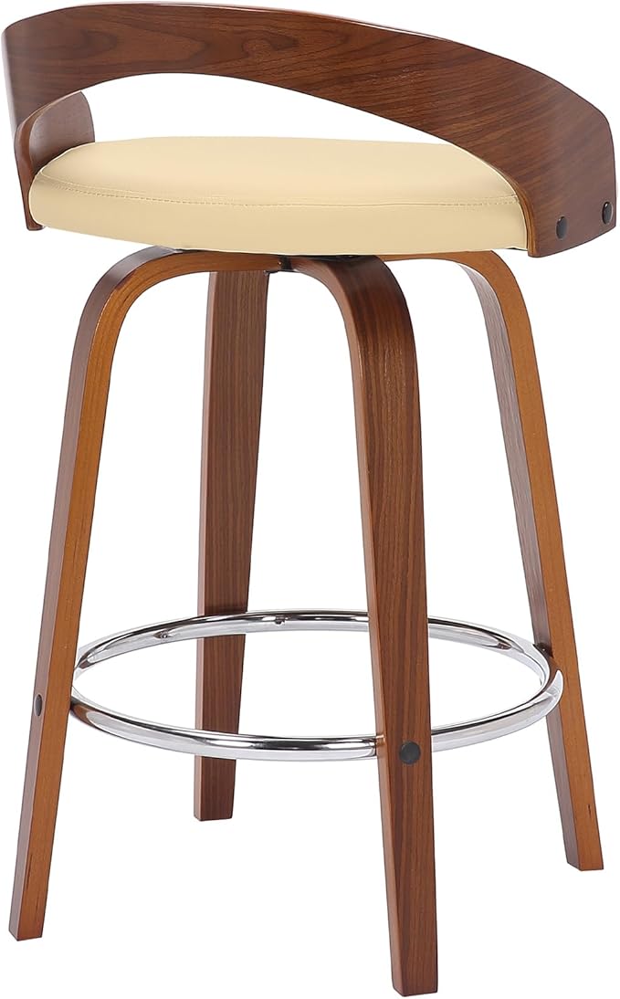 Armen Living Sonia 26" Counter Height Swivel Cream Faux Leather and Walnut Wood - Image 7