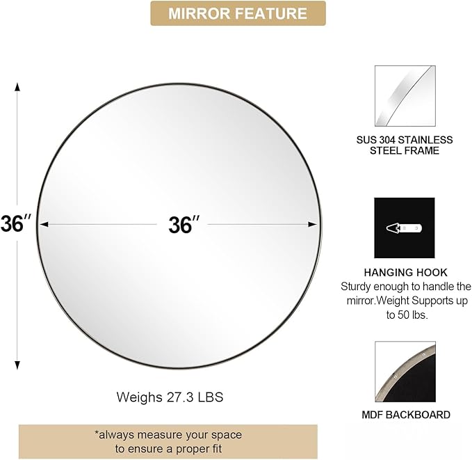 ANDY STAR 36" Chrome Round Mirror, Round Chrome Mirror, Polished Silver Large - Image 2