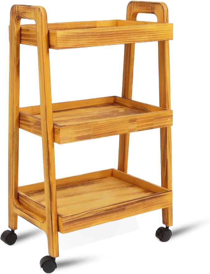 3-Tiers Ladder Shelf with Wheels, Wooden Rolling Cart, Solid Pine Wood Ladder by Kersiki
