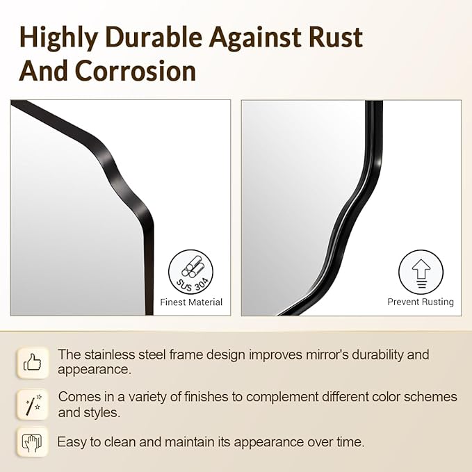 Black Wall Mirror, Unique Curved Edge Design, Anti-Rust SUS304 Frame, Hangs - Image 7