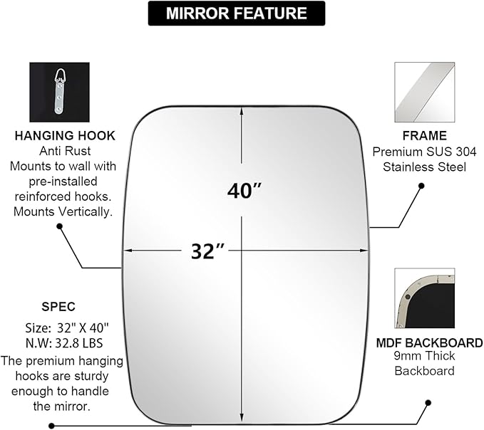 ANDY STAR Chrome Oblong Mirror, 32x40 Inch Polished Chrome Oval Mirror - Image 5