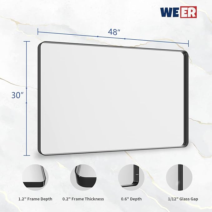 WEER Black Bathroom Mirror, 48X30 Inch Rectangular Matte Black Metal Framed - Image 6