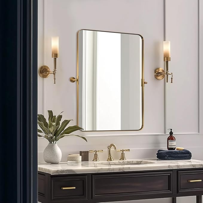 MOON MIRROR Gold Brass Pivot Rounded Rectangle Bathroom Mirror, Brushed Gold by MOONMIRROR