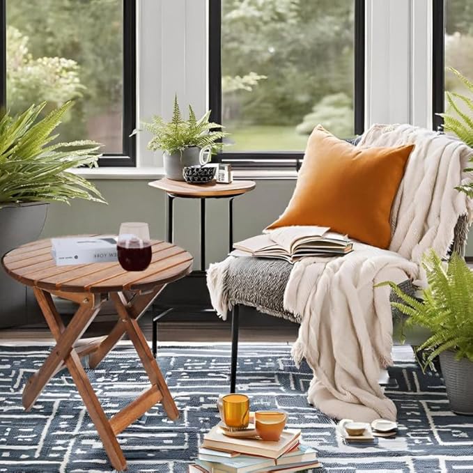 Outdoor Patio Side Table Round Small Wood End Table Folding Coffee Furniture - Image 2