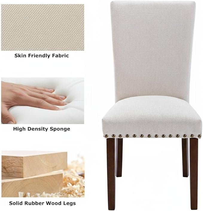 Set of 4 Beige Upholstered Dining Chairs – Farmhouse Kitchen Chairs - Image 3