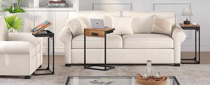 C Shaped End Table with Charging Station, 45° Tiltable Adjustable Flip Top - Image 7