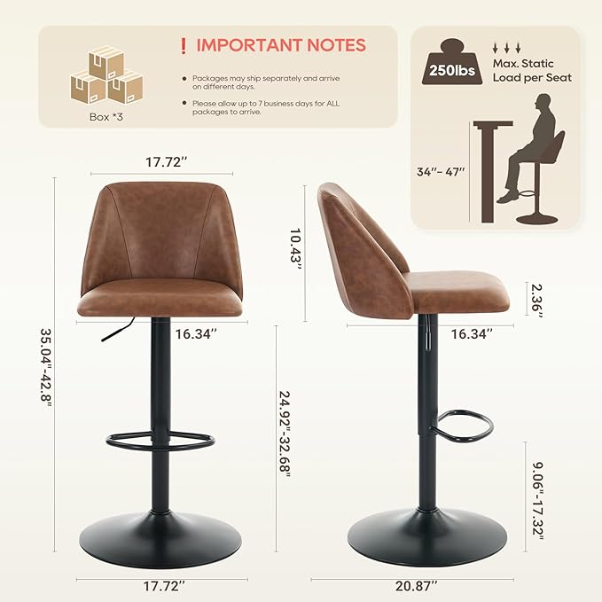 COLAMY Bar Stools Set of 6, Modern Swivel Bar Chairs, Adjustable PU Leather - Image 2