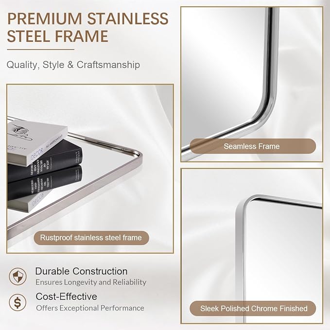 ANDY STAR Chrome Mirrors for Bathroom, 24x40’’ Chrome Rounded Rectangle Mirror - Image 4