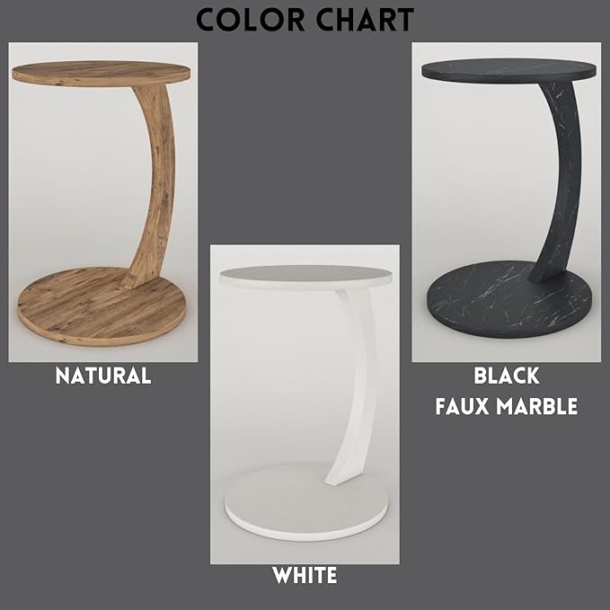 C Shaped End Table for Couch Small Places, Faux Marble Black Space Saver Round - Image 4