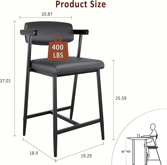 GarveeHome Bar Stools Set of 2, 26.5" Upholstered Counter Height Bar Stools - Image 2