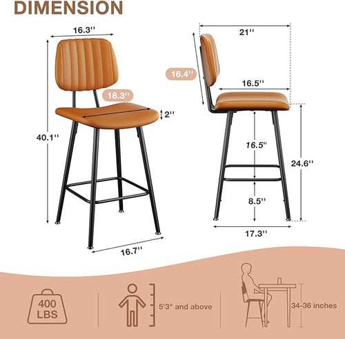 24-Inch Leather Bar Stools Set of 2, Counter Height Barstools - Image 2