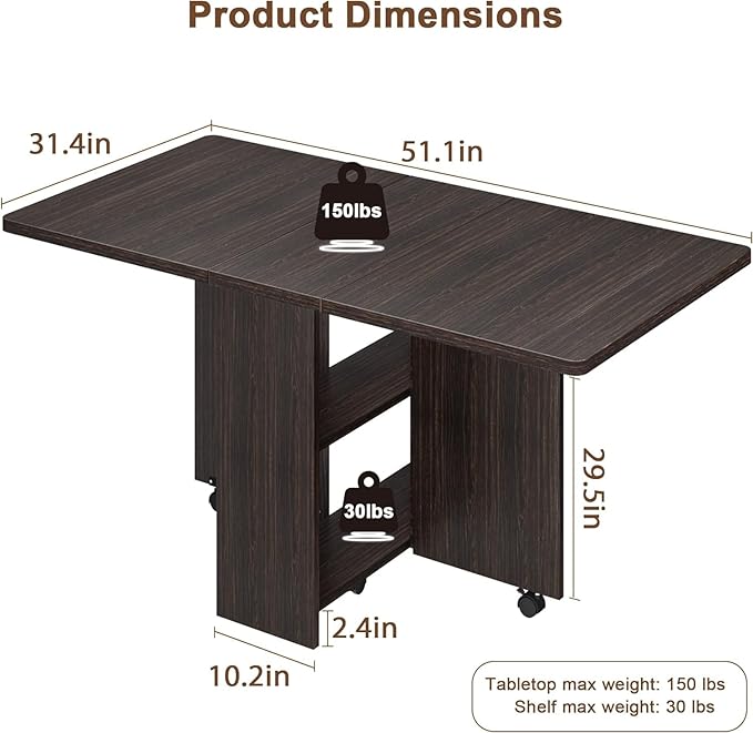 IDEALHOUSE Folding Dining Table, Drop Leaf Dining Table - Image 2