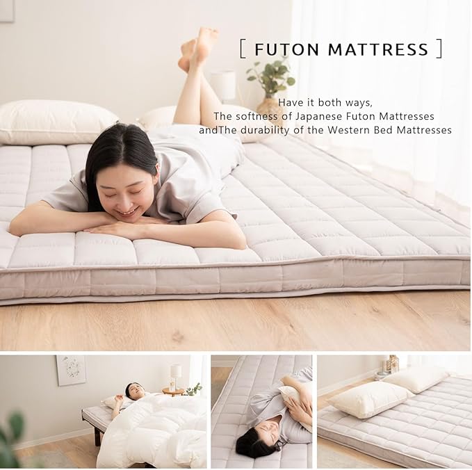 EMOOR Japanese Padded Futon Mattress Machi Queen Gray, Gusset Foldable Storable - Image 3