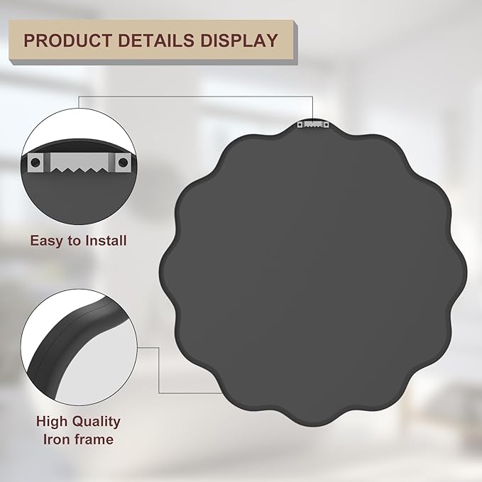 PROHOMEWARE Black Round Mirror 24 Inch Wavy Bathroom Vanity Mirror Black Frame - Image 4