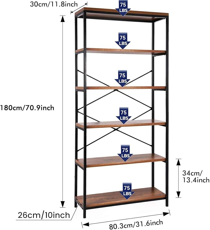 Himimi 6-Tier Bookshelf Set of 2, Tall Bookcase Industrial Wood Storage Rack - Image 2