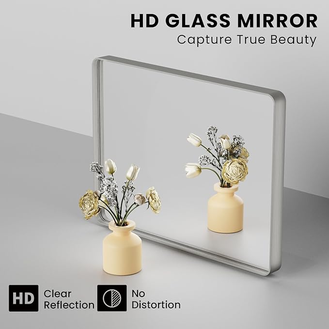 Brushed Nickel Bathroom Mirror 36x36 Inch, Brushed Silver Metal Frame Mirror - Image 3